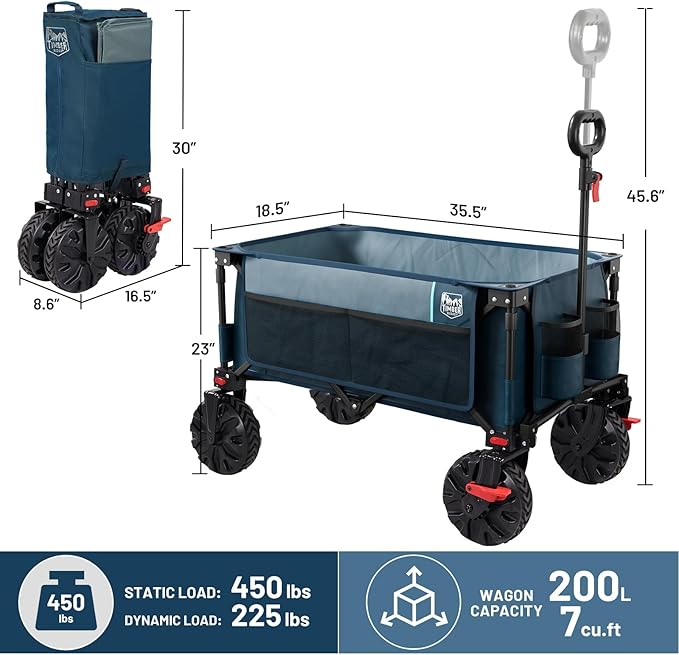 Timber Ridge Outdoor Collapsible Wagon with Brakes Utility Folding Cart Heavy Duty All Terrain Wheels for Shopping Camping Garden with Side Bag and Cup Holders, Blue