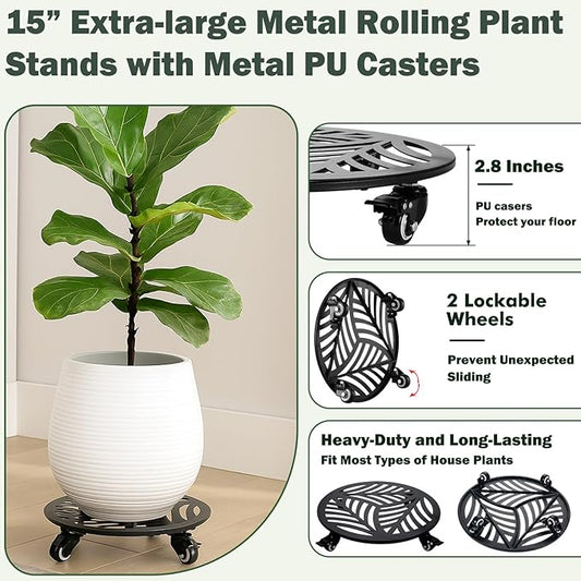 2 Pack 15 inches Extra-Large Metal Plant Caddy with Wheels Heavy-Duty Iron Rolling Plant Stand with Casters Indoor Outdoor Wheeled Plant Roller Base Pot Movers Plant Dolly Coaster Trolley Black