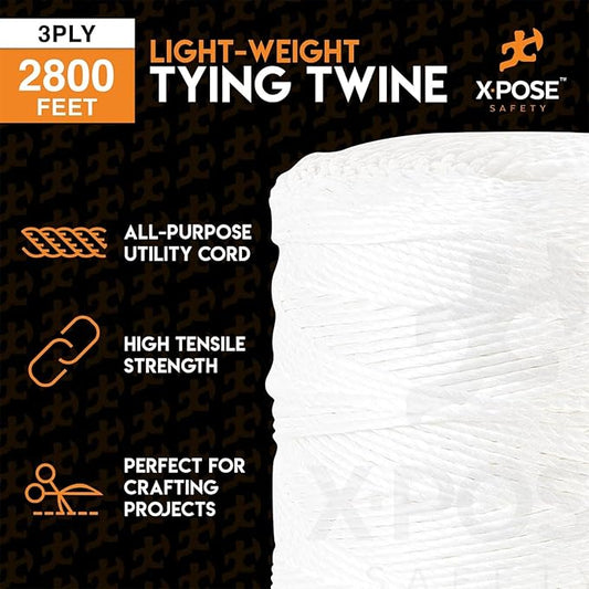 Polypropylene Tying Twine - 3 Ply White Plastic Poly Twine String 2800' Roll - Soft On Hands - Heavy Duty Outdoor & Indoor Tie Line - Baling, Shipping & Bundling Twine, Packaging Rope