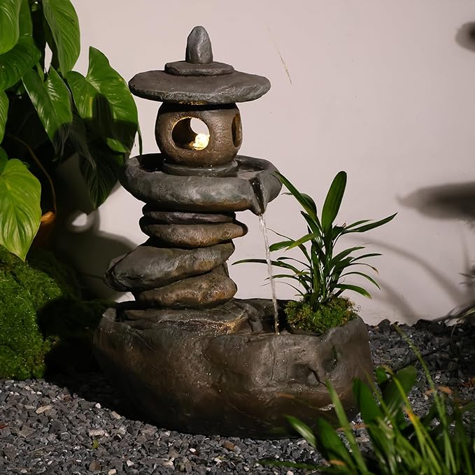 28" H Imitation Rock Pagoda Design Outdoor&Indoor Cascading Water Fountain, Natural Zen Decor Waterfall with LED Lights - Suitable for Garden/Patio/Yard/Deck/Balcony and Home Art Decor (Resin)