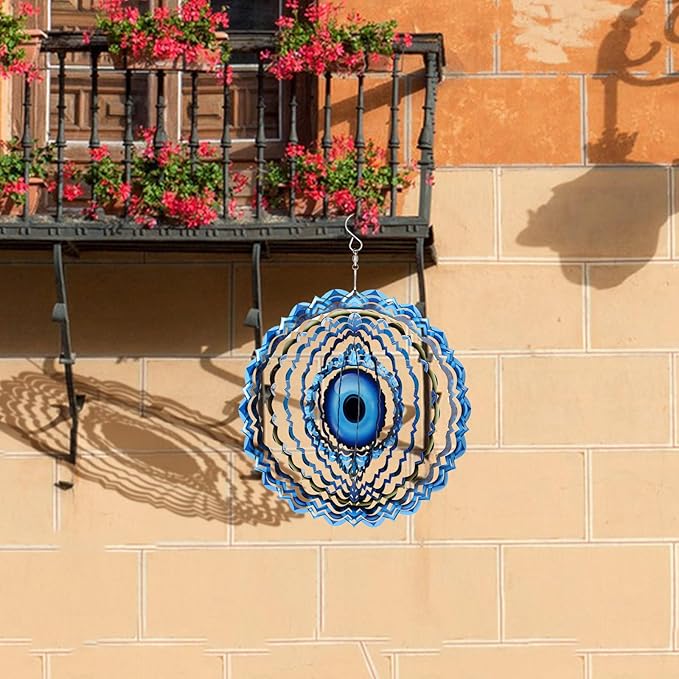Blue Evil Eye Hanging Wind Spinners Outdoor Metal Evil Eye Decor Mandala 3D Stainless Steel Wind Spinner Protective Amulet for Home Outdoor Garden Yard Decoration (Layered)