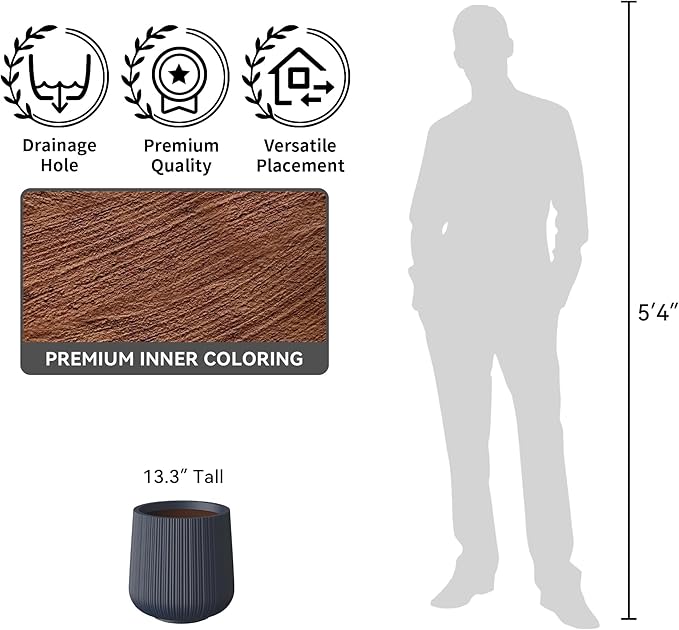 Kante 13.0" Dia Round Fluted Concrete Planter, Large Plant Pot with Drainage, Smooth Charcoal Finish with Warm Brown Interior, for Indoor and Outdoor Use