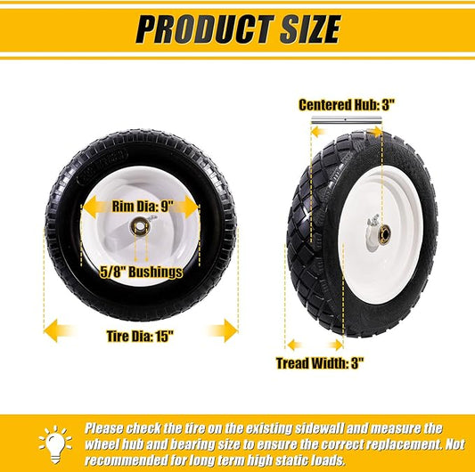 MZREXN 4.80/4.00-8" Flat Free Tire and Wheel 15" Solid Wheelbarrow Tires, 3.00-4.00/4.80-8" with 5/8" & 3/4" Bearings, 3" Centered Hub for Hand Truck Garden Trailers Utility Cart Yard Wagon 2PCS White