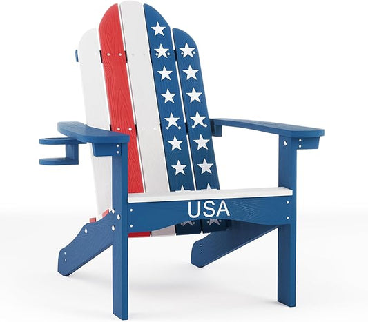 LUE BONA HDPS Adirondack Chairs Set of 8, Fire Pit Outdoor Chair Weather Resistant with Cup Holder, Modern Plastic Chair Plastic for Patio, Deck, Proch, 350LBS, Flag Blue