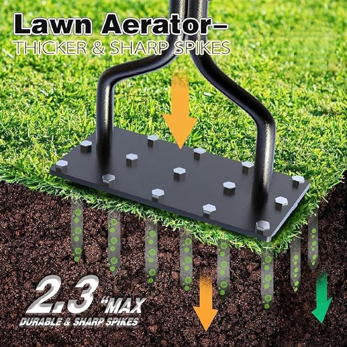 Lawn Aerator Tool, 2-in-1 Spike Manual Core Aerator Lawn Tool with 15 Iron Spikes, Gardening Hand Tools, Grass Plugger Yard Aerators for Garden Yard Lawns Soil Care, Revives Lawns Health(SpringLoaded)