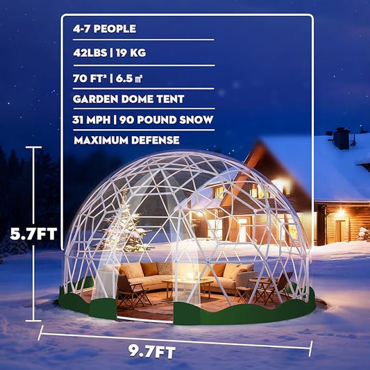 12FT Garden Dome Tent, Geodesic Dome Greenhouse with PVC Clear Cover, Waterproof Garden Bubble Dome Tent House with 2 x 10M Light Strings for Outdoor, Patio, Backyard, Party (Green Edge, 15FT/4.6M)