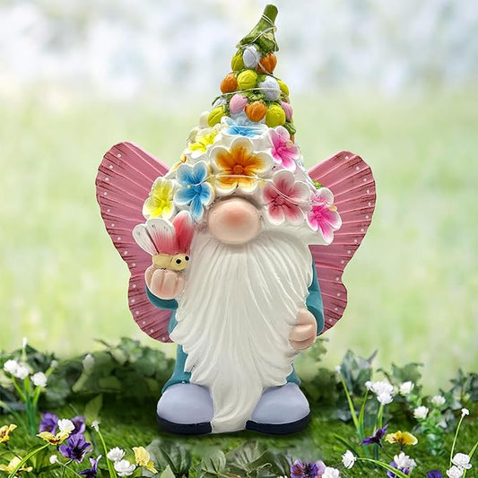 BAYN Garden Gnome Statues Outdoor Decor, Solar Powered Outdoor Gnome with Butterfly Wing Decorative Yard Garden Lights Art Gifts with 11 Warm White LEDs