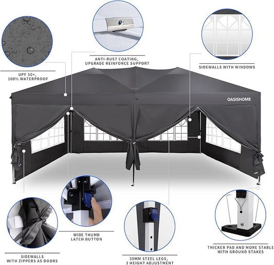 OASISHOME Pop-up Gazebo Canopy Tent 10'x20' with 6 Removable Sidewalls, Windows, Stakes, Ropes, Carry Bag,Suitable for Patio, Outdoor, Wedding Parties&Commercial Events (Grey (NOT Black), 10X20)