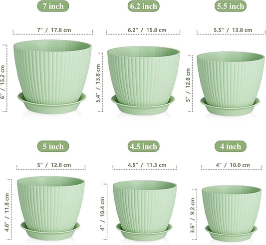 7/6.2/5.5/5/4.5/4 inch Plant Pots, 6 Pack Flower Pots for Small Indoor Outdoor Plants, Plastic Planters with Drainage Holes and Saucers for Garden Succulent House Plants, Green