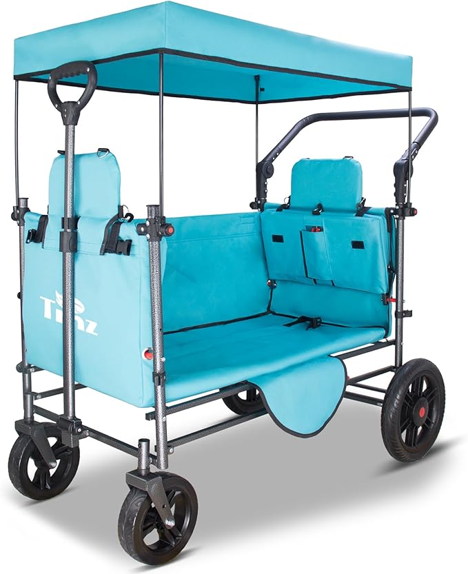 TMZ Collapsible Wagon Cart with Side-Opening Seat Conversion Design, Foldable Utility Wagon with 2 Seats, Heavy Duty Wagon 265 lbs Load Capacity (Turquoise)