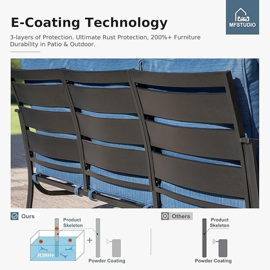 MFSTUDIO 6 Pieces Metal Patio Furniture Sets, 2 Swivel Chair, 1 Deep Seating 3-Seat Sofa, 2 Ottoman & 1 Marbling Coffee Table, All Weather 7 Seats Outdoor Conversation Set for Garden, Peacock Blue
