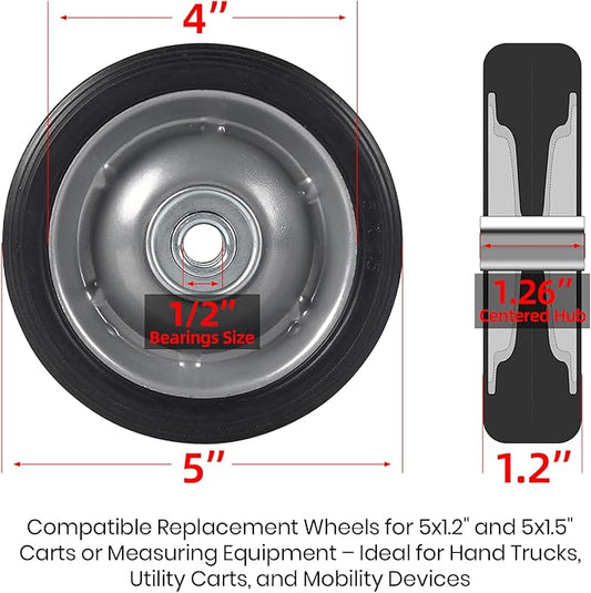 AR-PRO (2-Pack) 5" x 1.2" Flat Free Solid Rubber Wheel Assemblies - Replacement Hand Truck Wheels with Ball Bearings and 1/2" Bore Hole Diameter - Heavy-Duty Solid Rubber Tire 88 lbs Load Capacity