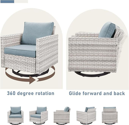 Wicker Outdoor Swivel Chairs Set of 4 with Fire Pit Table, 5 Pieces Patio Furniture Set with Fire Pit Table for Yard, Deck, Garden, Light Beige/Light Blue