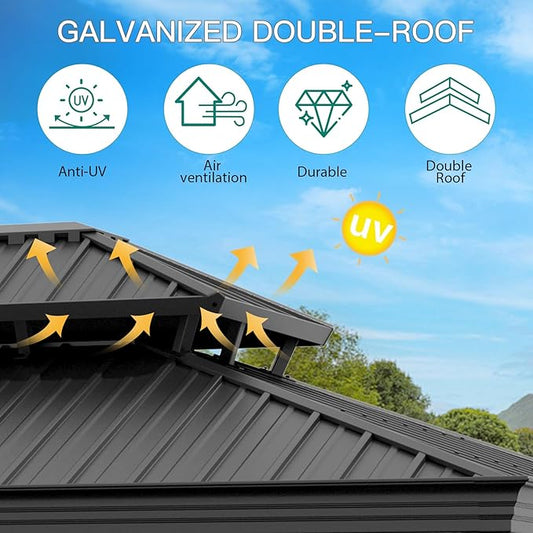 20'x12' Hardtop Gazebo, Heavy Duty Aluminum Permanent Hardtop Gazebo Outdoor Pavilion with Curtains and Netting for Garden (Gray, 20'x12')