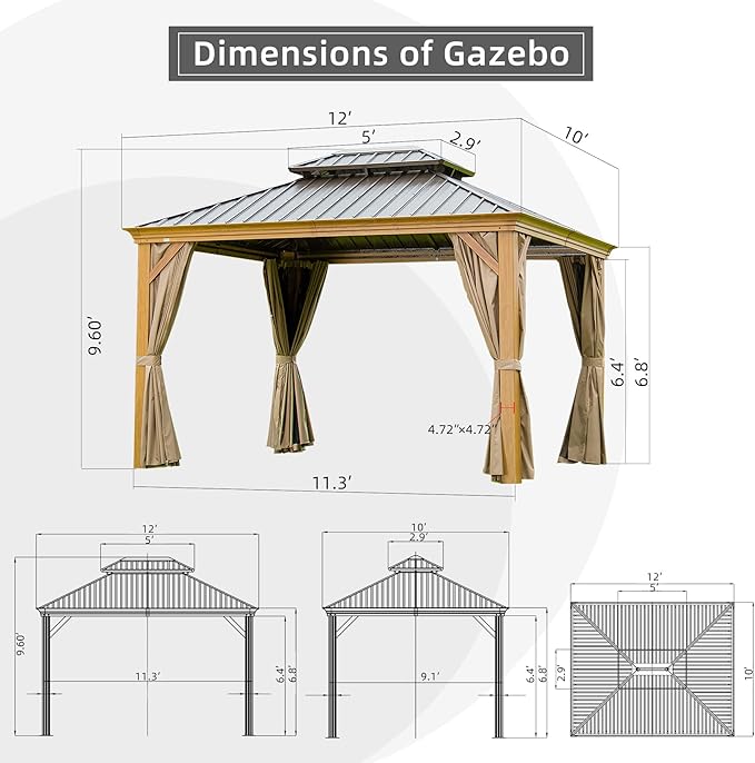 Domi Outdoor Living 10’x12’ Hardtop Gazebo, Wooden Coated Aluminum Frame Canopy with Galvanized Steel Double Roof, Outdoor Permanent Metal Pavilion with Curtains and Netting for Patio, Deck and Lawn