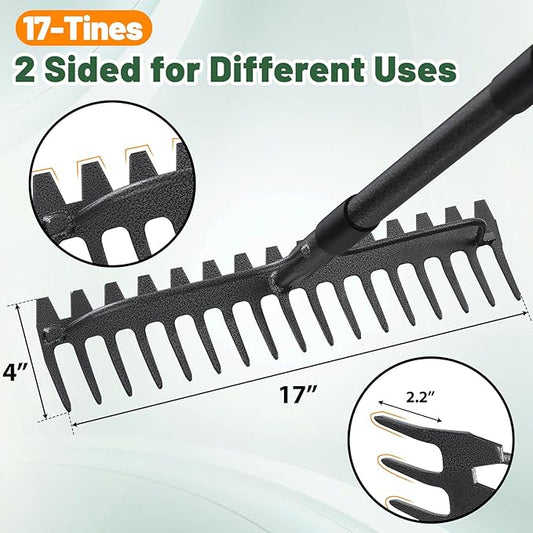 Garden Rake, 63 Inch Long Handle with 17 Tongs, Heavy Duty Metal Bow Rake for Loosening Leveling Soil, Garden Leaf Rake for Raking Leaves Grass , Weeding, Metal Yard Thatch Lawn Care Garden Tool