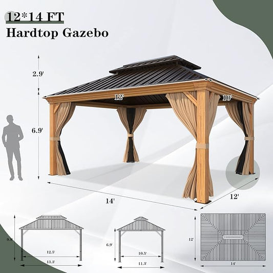 YOLENY 12' x 14' Hardtop Gazebo, Wooden Finish Coated Aluminum Frame Gazebo with Galvanized Steel Double Roof, Outdoor Permanent Metal Pavilion with Curtains and Nettings for Patio, Lawn & Garden