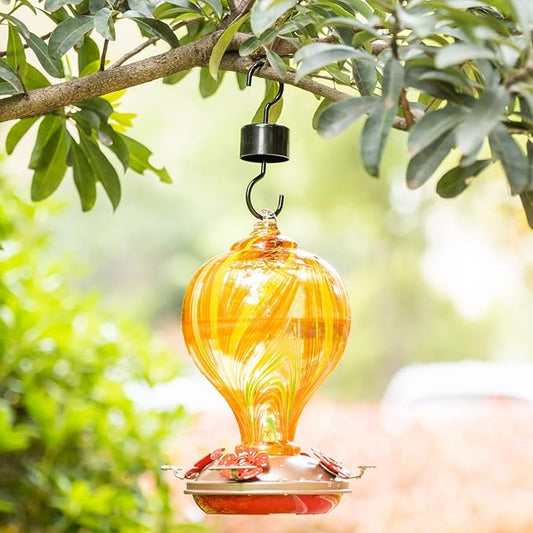 Muse Garden Hummingbird Feeders for Outdoors Hanging, Blown Glass Hummingbird Feeder, Unique Hummingbird Gifts for Women, Garden Backyard Decor, 32OZ, Orange Stripes