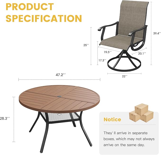 VICLLAX 7 Pieces Patio Dining Set for 6, Outdoor Furniture Set Includes 47.2" Outdoor Round Table and 6 Patio Swivel Chairs for Lawn Garden, Walnut Tabletop and Mixed Brown Fabric