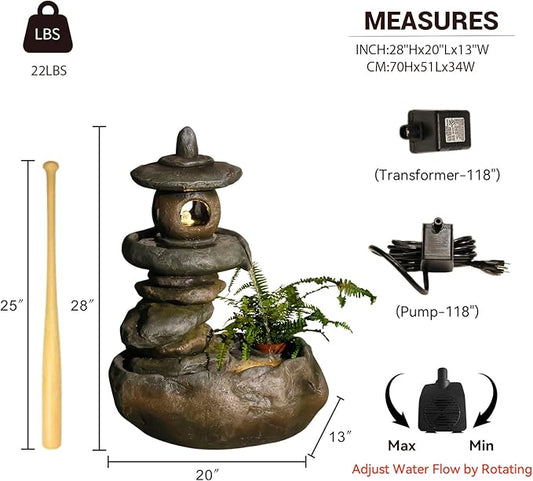 28" H Imitation Rock Pagoda Design Outdoor&Indoor Cascading Water Fountain, Natural Zen Decor Waterfall with LED Lights - Suitable for Garden/Patio/Yard/Deck/Balcony and Home Art Decor (Resin)