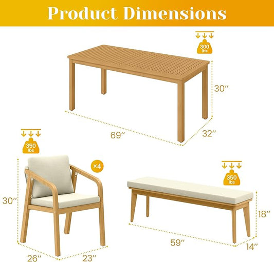 6-Piece Outdoor Dining Set for 4 with 23" Extra Wide Chair and Cushion,Patio Table and Chairs Set with All Acacia Wood Frame, All-Weather Outdoor Patio Furniture Set for Garden Lawn, Beige