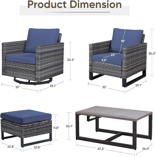 Wicker Patio Furniture Set:7 Piece Outdoor Patio Furniture Set with 2 Swivel Patio Chairs 2 Single Chairs a Coffee Table and 2 Ottomans, Grey Wicker/Blue Cushion