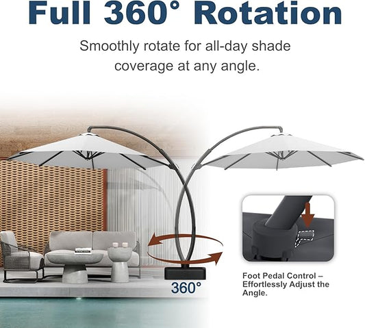 11FT Cantilever Umbrella with Base Large Curvy Outdoor Aluminum Offset Umbrella w/ 360° Rotation, UV Resistant Canopy for Patio, Garden, Backyard, Light Gray