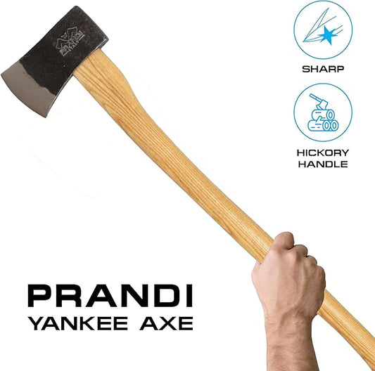 Prandi Axes Yankee C45 Forged Carbon Steel Hatchet - Hickory Handle with Leather String - Ideal for Firewood, Splitting, and Chopping - 35.43" L x 7.95" W, 1800g Head 3.086.18.TH