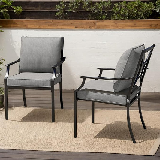 Grand patio Dining Chairs Set of 2,Outdoor Fixed Patio Dining Chairs Set of 2,Fixed Dining Chair,Outdoor Dining Chairs with Grey Cushions, Patio Chairs for Outside, Garden Lawn Porch, Backyard