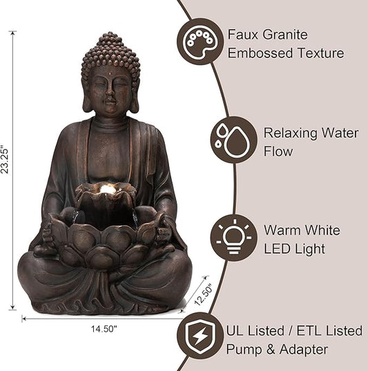 Glitzhome Buddha Fountain with Pump & LED Light, 2 Tier Zen Style Meditating Buddha Water Fountain Outdoor Fountains and Waterfalls Floor Fountains Buddhas Statues for Garden Patio Backyard 23" H