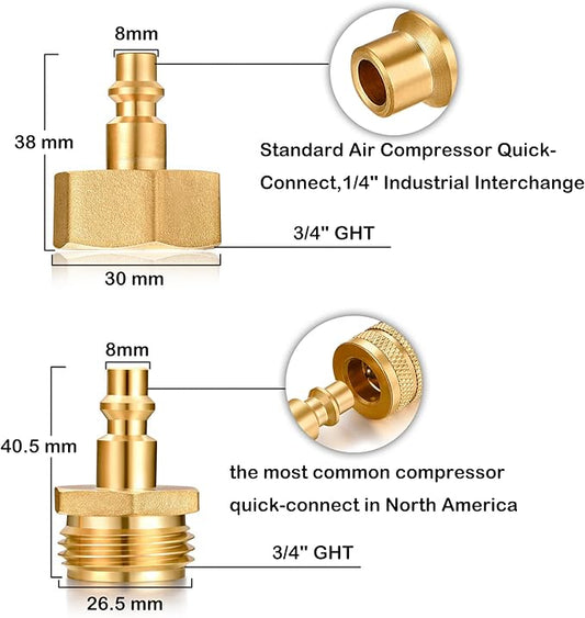 RV 1/4" Quick Connector to 3/4" GHT Garden Hose Adapter - Brass (Male + Female), Winter Freeze Protection & Water Drain for Camping RV, Boat, Hose Blow-Out Plugs