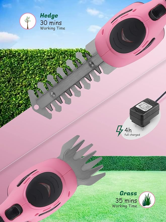 Lichamp 2-in-1 Electric Hand Held Grass Shear Pink Hedge Trimmer Shrubbery Clipper Cordless Battery Powered Rechargeable for Garden and Lawn, CGS3602PK Pink