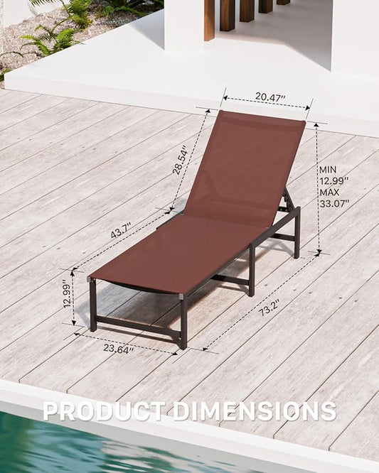 Chaise Lounge Chair Outdoor, Aluminum PatioChairs with 5 Adjustable Backrest and HeadrestPillows for Outside Beach,Brown