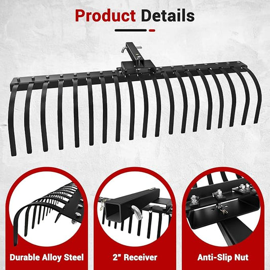 55" Durable Tow Behind Landscape Rake Tractors Rake Fits 2" Receiver for Lawn Tractors or ATV/UTV,Black