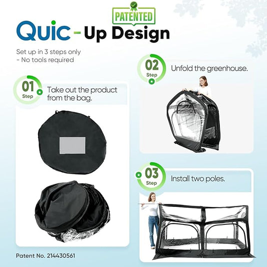 Quictent Premium Greenhouse with Screen Window, Portable Fast-up Plant Greenhouses for Outdoors with Heavy Duty Pop-up Fiberglass Frame Durable Waterproof Cover, 98.4x49.2x52.8 Inch, Black