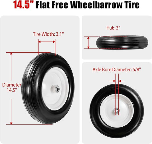 (2-Pack) Fits 4.80/4.00-8, 3.50/2.50-8, 4.00-6, 4.00-8 Wheelbarrow Wheels,14.5" Wheelbarrow Flat Free Tire, with 3/4" & 5/8" Bearing,3" Hub for Garden Cart Trolley Wagon Lawn Mower