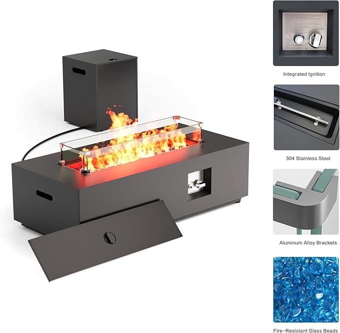 42" Outdoor Fire Pit Table, 50,000 BTU Gas Fire Pit with Glass Windshield, Rocks, Waterproof Cover, Propane Fire Pit Table for Outside Patio (Black, 42 inch)
