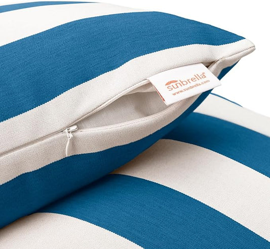 Austin Horn Classics Sunbrella Cabana Stripe White/Blue, Zippered Boudoir Pillow Cover ONLY (Set of 2) Indoor/Outdoor, Fill Sold Seperately