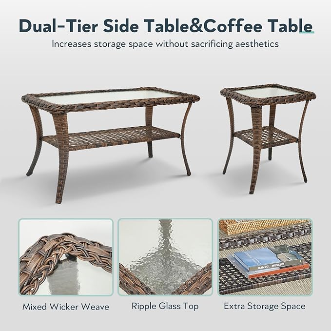 5 Pieces Wicker Patio Furniture Set - Hollow Widen Armrests Outdoor Swivel Glider Chairs and 3 Seat Sofa with Coffee Table & Side Table for Balcony Porch Deck and Yard - Brown/Blue