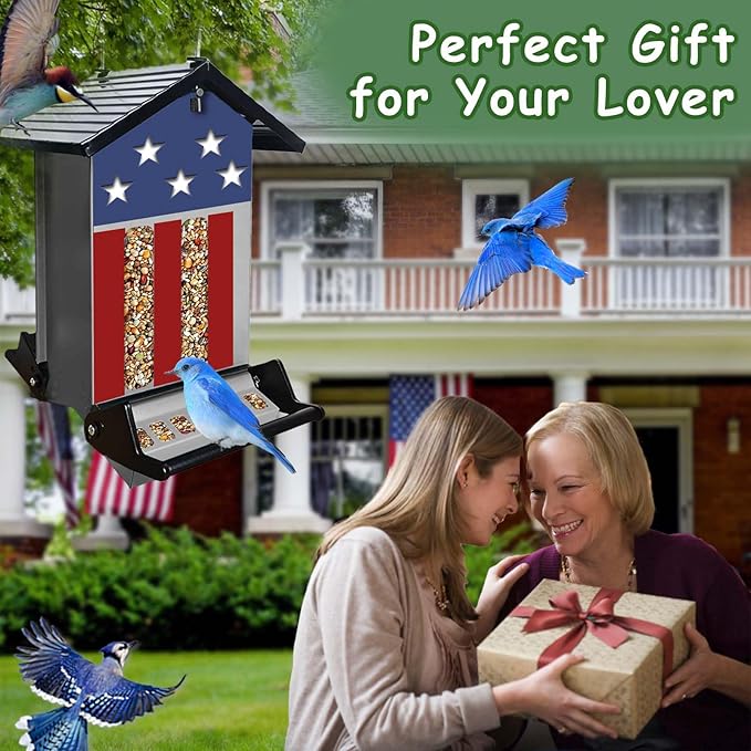 Squirrel Proof Bird Feeder, Hanging Bird Seed Feeders for Outdoors, 5LBS Large Capacity Metal Weight-Activated Perches Wild Birdfeeder for Blue Jay, Cardinal, Outside