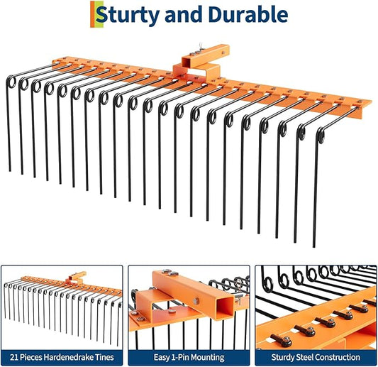 60 in Durable Pine Straw Rake, Steel Spring Landscape Rake Fits 2 in Receiver for Lawn Tractors or ATV/UTV, Orange