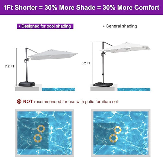 PURPLE LEAF 8' X 8' Patio Umbrella with Wheeled Base for Pool 7' High Offset Outdoor Cantilever Umbrella Swimming Pool Umbrella with 360°Rotation for Poolside Grey