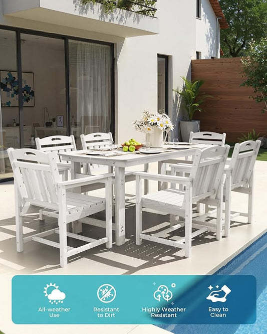 Ciokea HDPE Outdoor Dining Set 7-Piece Patio Table and Chairs with Umbrella Hole, All-Weather Patio Dining Set for 6, Durable Patio Furniture Set for Backyard, Garden, Lawn & Poolside, White