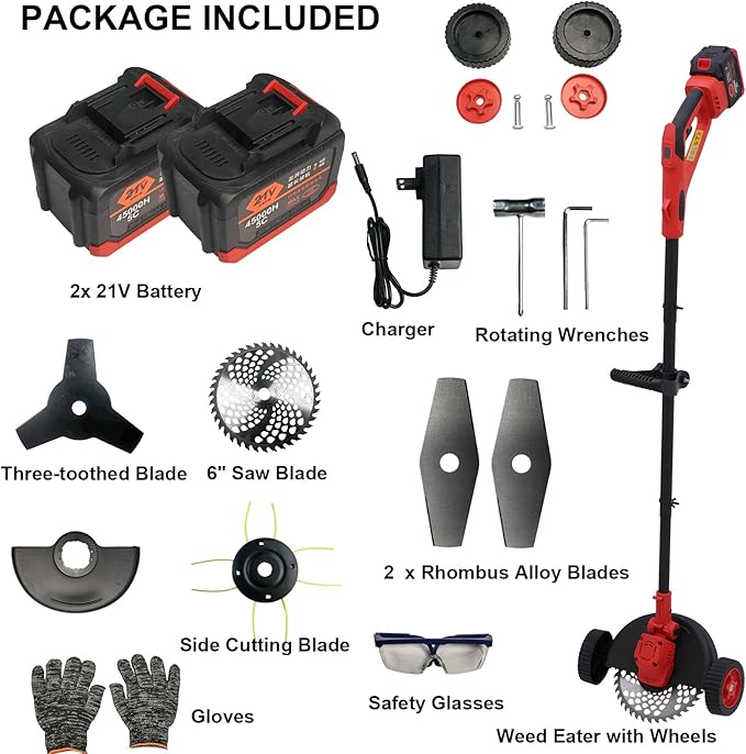 Electric Weed Wacker Cordless Weed Eater Battery Powered, 21V Stringless Grass Trimmer/Edger/Brush Cutter/Lawn Mower, 2 Battery with Wheel & Blades for Yard Garden