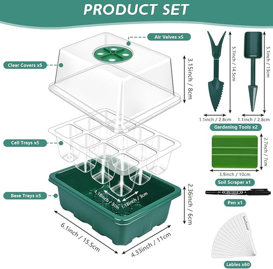 Artcome 5-Pack Seed Starter Tray, 12 Cells Each with Push-Up Ejector - Seed Starter Kit for Rapid Growth and Healthy Seedlings at Home - 60 Cells in Total