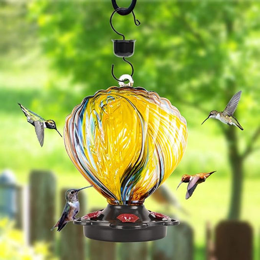 LUJII Seashell Shaped Hummingbird Feeder for Outside Hanging, Hand Blown Glass with Perches, Never Leak & Rustproof, Unique Gift for Women, Glass Art for Backyard Decor, 25 fl.oz, Ribbon