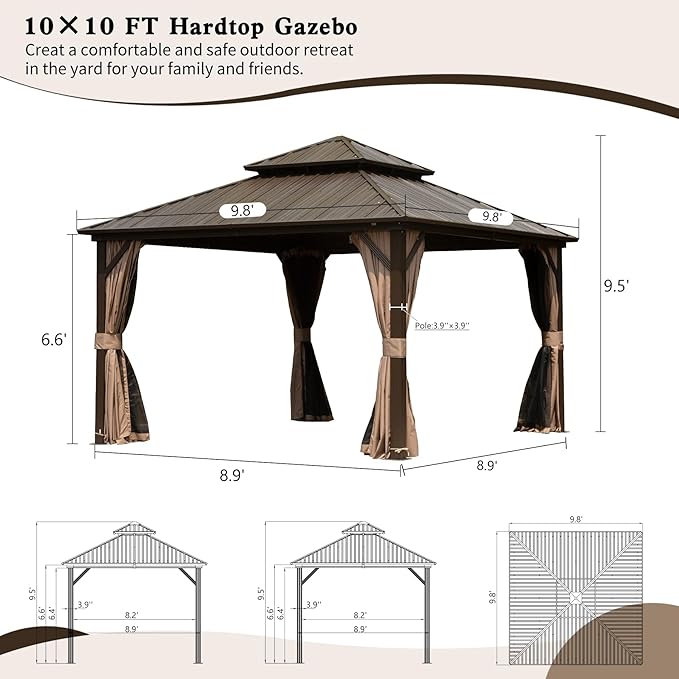 Domi 10' x 10' Hardtop Gazebo Permanent Metal Gazebo with Galvanized Steel Double Roof, Curtains and Netting for Party, Wedding, Outdoor Dining, Patio, Backyard, Brown