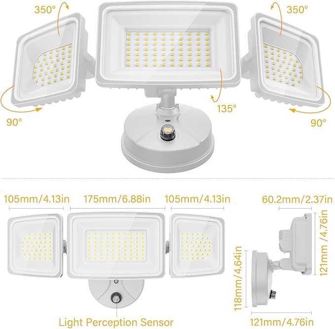 Onforu Dusk to Dawn Outdoor Lighting,100W 9000LM Bright LED Flood Lights,IP65 Waterproof 3 Adjustable Heads Security Lights Fixture,6500K White OutdoorLighting for Garage,Patio,Yard