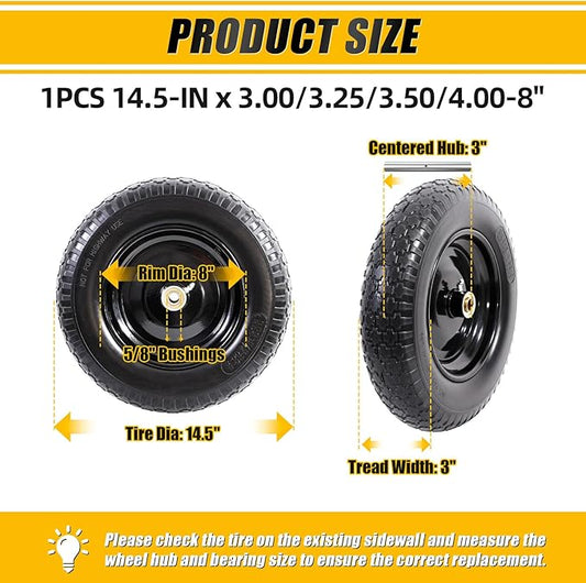 MZREXN 14.5" Wheelbarrow Tire Flat-Free 3.00/3.25/3.50/4.00-8" Solid Tire and Wheel with 3"-7" Centered Hub, 3/4" & 5/8" Bearings Replacement for Hand Truck/Dolly/Utility Cart/Garden Cart 1PCS Black