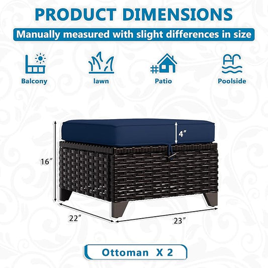 Vista Vibe 2 Pieces Patio Wicker Ottomans, Luxurious Footstools, Outdoor Small Footrest, Wicker Furniture with Removable Cushions,All-Weather PE Rattan, Garden, Backyard, Porch(Brown/Navy)